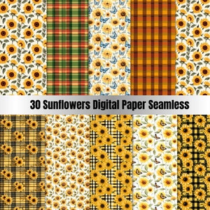 30 Watercolor Sunflowers Digital Paper,seamless autumn fall printable textures,Sunflowers background,Paper Sunflowers,Nursery Junk Journal
