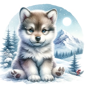 Puede incluir: Un lindo cachorro de lobo gris y blanco esponjoso con ojos azules se sienta en la nieve. El cachorro mira al espectador con una expresi&oacute;n dulce. El fondo es una escena de monta&ntilde;a nevada con luna llena.
