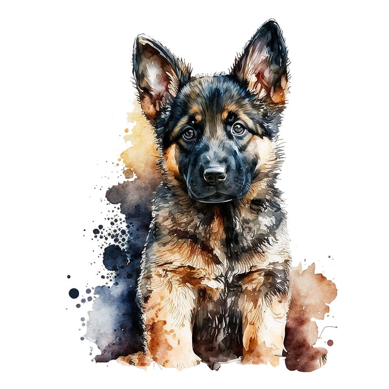 May include: Watercolor painting of a German Shepherd puppy sitting and looking up. The puppy has black and brown fur and is surrounded by watercolor splatters.