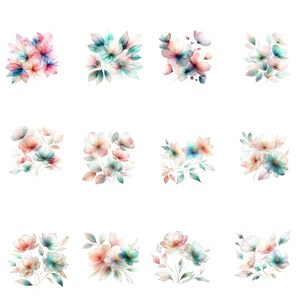 May include: Twelve watercolor illustrations of delicate floral bouquets with soft pink, blue, and white flowers. The flowers are arranged in a variety of styles and sizes, creating a romantic and whimsical feel.