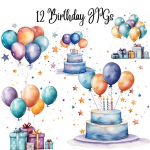 12 Birthday clipart,party clipart, happy birthday,balloons clipart, birthday party,JPGs, watercolor clipart, Commercial Use,Digital Download