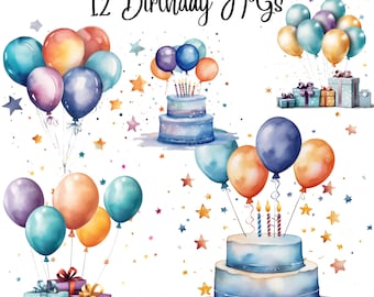 Birthday clipart,party clipart, happy birthday,balloons clipart, birthday party,12 JPGs, watercolor clipart, Commercial Use,Digital Download