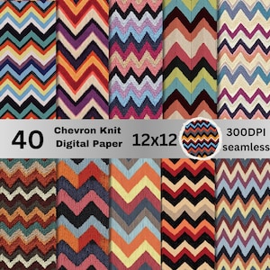 Puede incluir: Un conjunto de 40 papeles digitales con un diseño de punto de chevron en varios colores. Los patrones miden 30,48 cm x 30,48 cm y son sin costuras, con una resolución de 300 DPI. Las combinaciones de colores incluyen naranja, azul, morado y rojo.