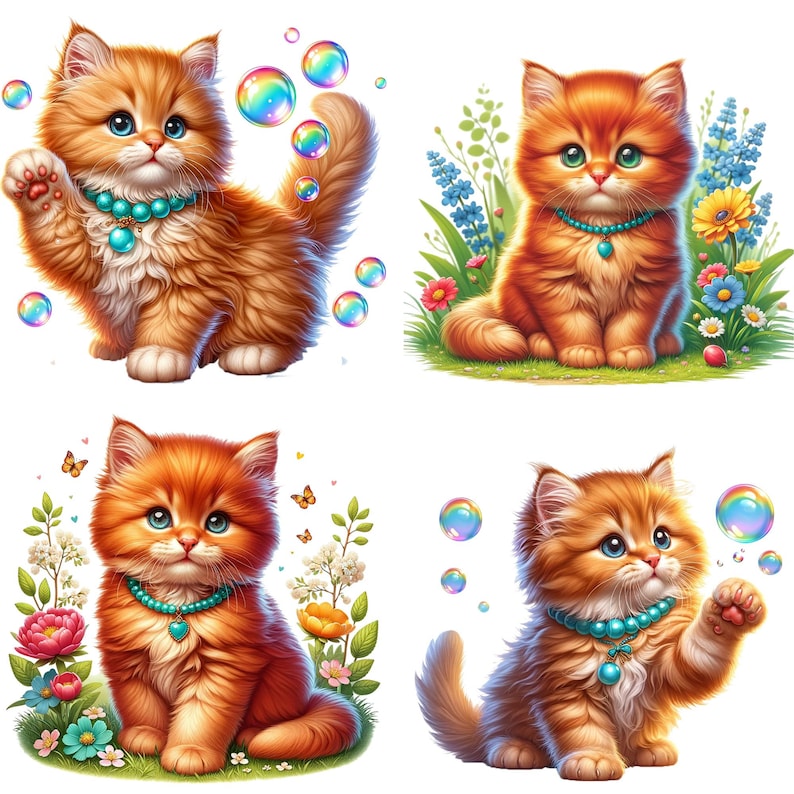 Puede incluir: Cuatro gatitos tabby naranja con collares turquesa est&aacute;n jugando con burbujas iridiscentes. Los gatitos est&aacute;n rodeados de hierba verde y flores coloridas.