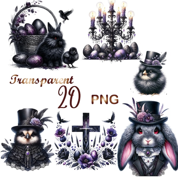 20 PNG, Gothic Easter Watercolor Clipart Bundle, Dark Themed Floral Clipart Set For Sublimation, Commercial Use, Digital Download