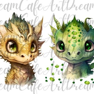 May include: Two cartoon baby dragons with large eyes. One dragon is green with green spots and the other is yellow with brown spots.