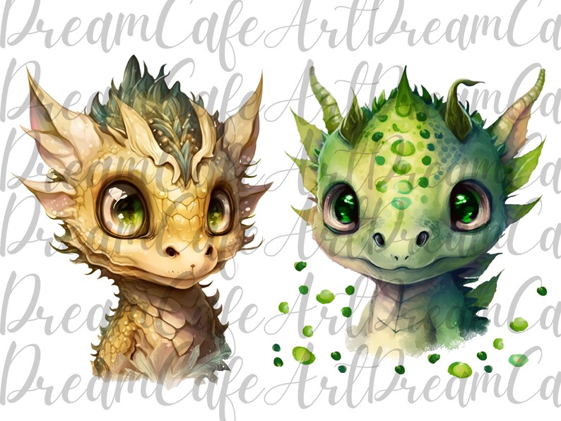 May include: Two cartoon baby dragons with large eyes. One dragon is green with green spots and the other is yellow with brown spots.