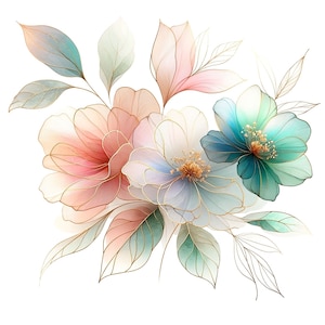 May include: A bouquet of delicate, translucent flowers in shades of pink, blue, and green. The flowers have a watercolor-like appearance and are accented with gold details.