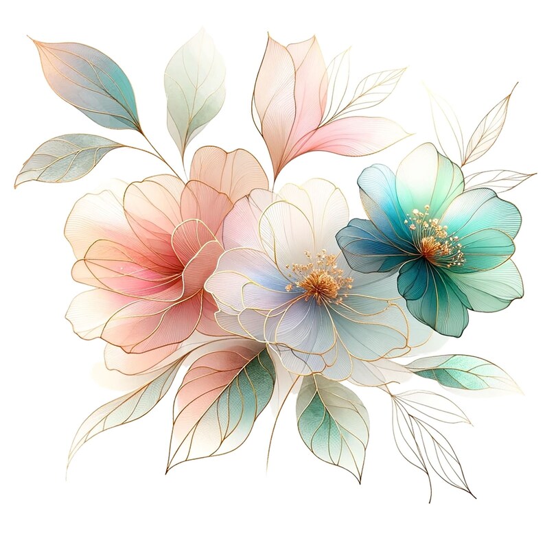 May include: A bouquet of delicate, translucent flowers in shades of pink, blue, and green. The flowers have a watercolor-like appearance and are accented with gold details.