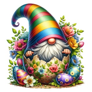 May include: A gnome wearing a rainbow striped hat sits inside a cracked Easter egg decorated with flowers. The egg is surrounded by colorful Easter eggs and spring flowers.