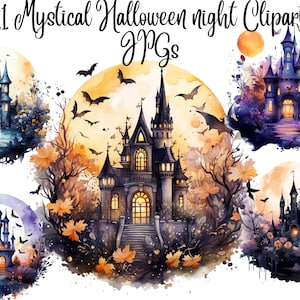11 Mystical Halloween night Clipart, JPGs,  Halloween night Clipart, Commercial use, Digital Download, Card Making, Clip Art, Digital Craft