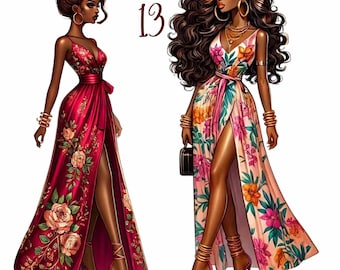 May include: Two women wearing long floral dresses. The woman on the left is wearing a red dress with floral embroidery. The woman on the right is wearing a pink and green dress with a floral print. Both women are wearing gold jewelry and high heels.