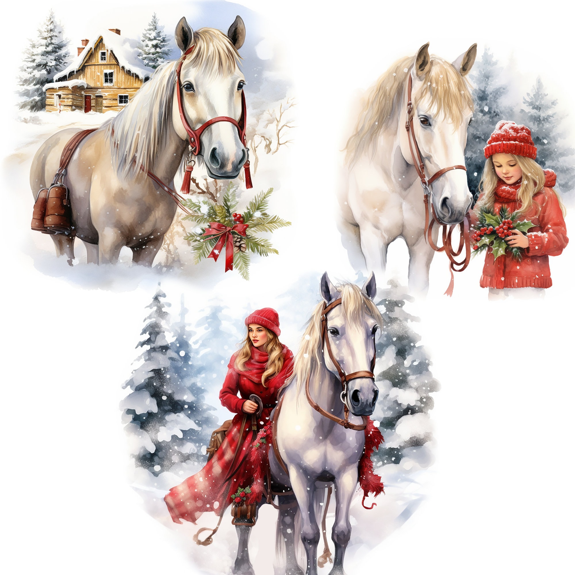 13 PNG, Christmas Horse Clipart Bundle, Watercolor Clipart PNG, Horse ...