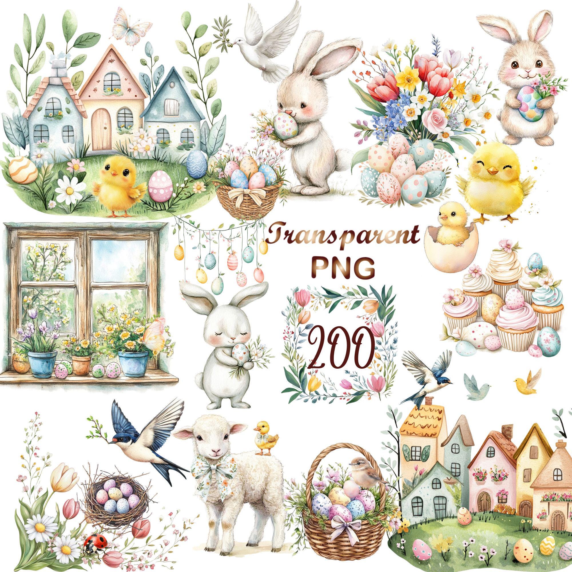 Pastel Easter Clipart Bundle, 200 Watercolor Spring Png, Bunny, Eggs ...