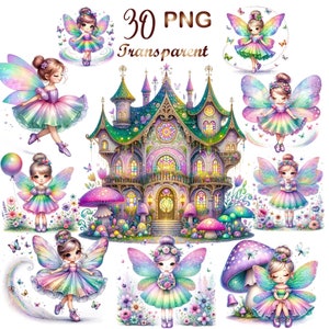 Könnte beinhalten: Ein Set mit 30 digitalen Illustrationen, die Feen mit schillernden Flügeln und bunten Kleidern zeigen. Die Feen fliegen um ein märchenhaftes Schloss mit grünem Dach und Buntglasfenstern. Das Schloss ist von Blumen und Pilzen umgeben.