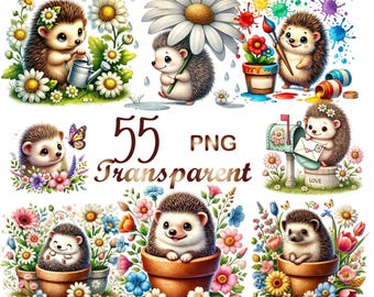 55 PNG Floral Hedgehog bundle, Card Making, Mixed Media, Digital Paper Craft, Free Commercial Use,  Digital Download