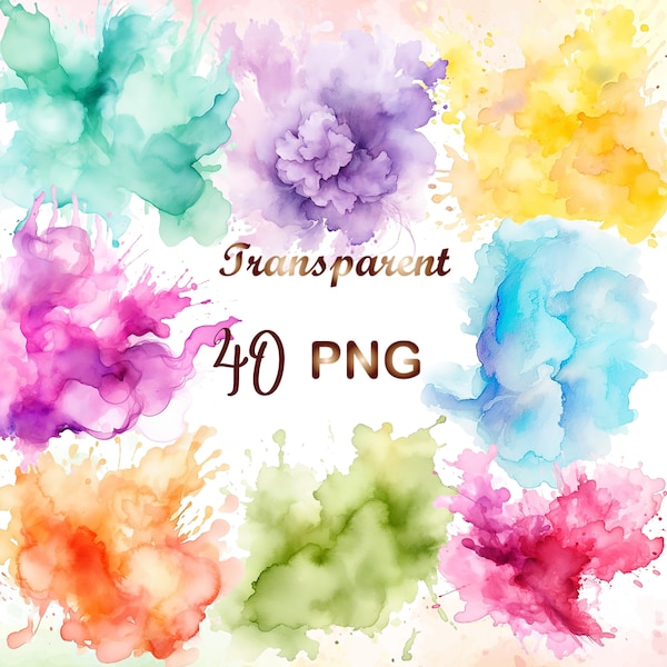 40 Aquarell Pastell Alkohol Ink Spritz PNG Farbe Splatter Clipart Alkohol Tinte Clipart Abstrakte Clipart PNG, kommerzielle Nutzung, Instant Download