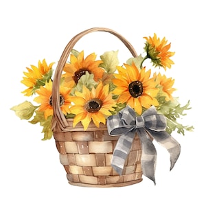 May include: A woven wicker basket filled with a bouquet of yellow sunflowers and green foliage. A gray and white checkered ribbon is tied around the handle of the basket.