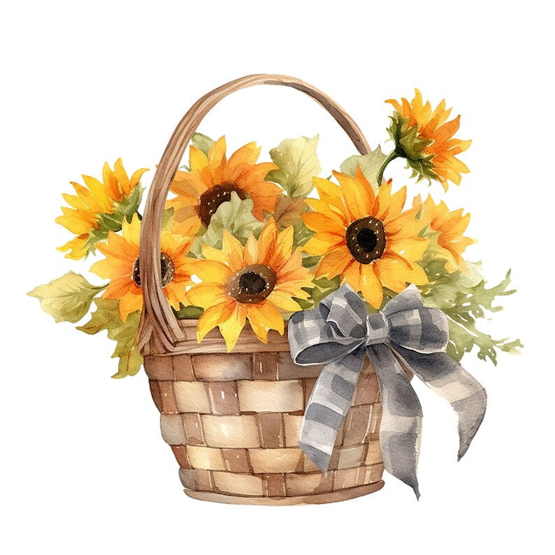 May include: A woven wicker basket filled with a bouquet of yellow sunflowers and green foliage. A gray and white checkered ribbon is tied around the handle of the basket.
