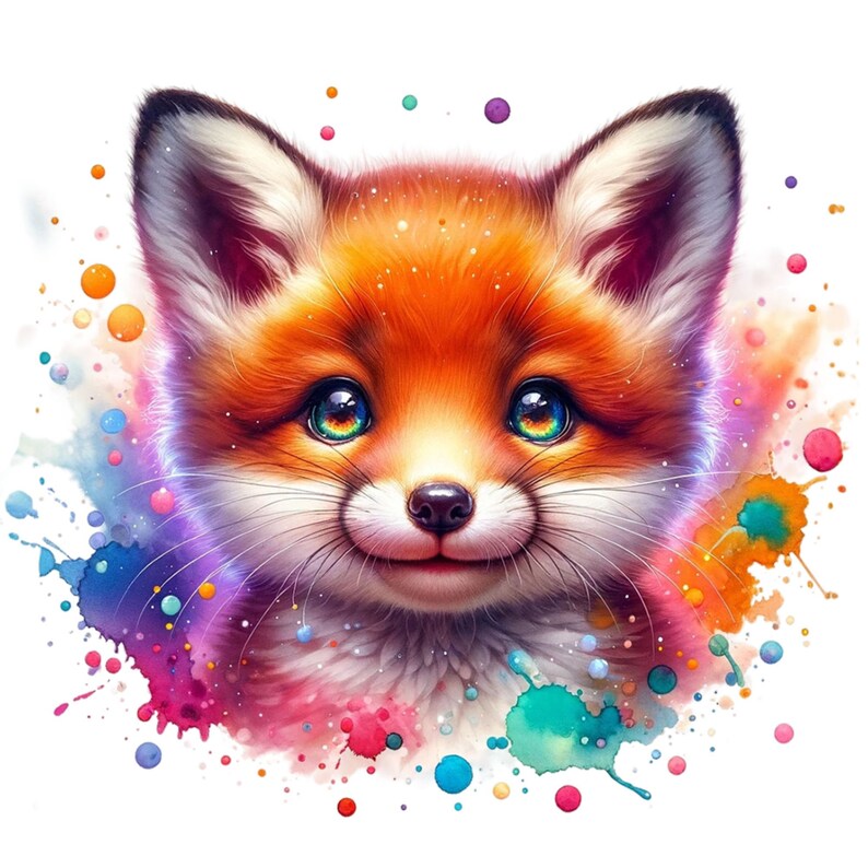 Puede incluir: Un lindo zorro de dibujos animados con pelaje naranja y grandes ojos azules. El zorro est&aacute; rodeado de salpicaduras de acuarela de colores.