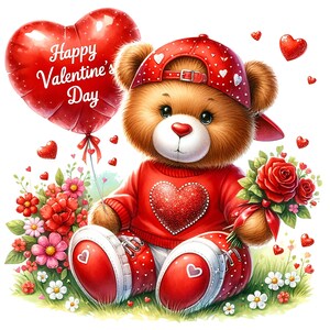 Op de afbeelding: Een bruine teddybeer die een rode hoed met witte hartjes en een rode trui met een glinsterend rood hart draagt. De beer houdt een bos rode rozen vast en een rode hartvormige ballon waarop "Happy Valentine's Day" staat.