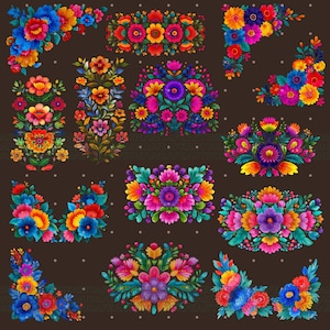 May include: A selection of colourful floral designs in different arrangements. The flowers display a mix of bright colours, including blue, orange, yellow, pink, and purple, set against a dark brown background with white dots. Ideal for craft projects.
