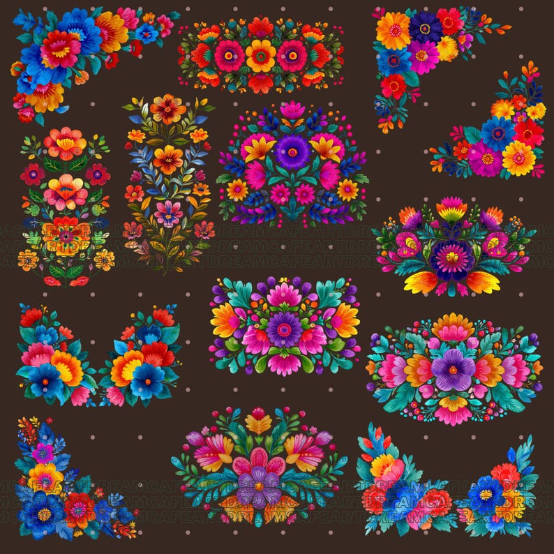 May include: A selection of colourful floral designs in different arrangements. The flowers display a mix of bright colours, including blue, orange, yellow, pink, and purple, set against a dark brown background with white dots. Ideal for craft projects.