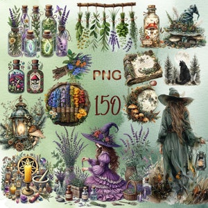 150 PNG, Witch Witchcraft Clipart Bundle,Old World Apothecary ,Herbal Witch Witchcraft Illustration, Digital Download, Commercial Use