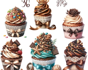 36 JPG, Chocolate Cupcake Clipart bundle,Watercolor Choco Dessert, Watercolor Cupcake Clipart, Watercolor Cupcake Bundle, Commercial Use