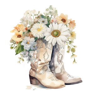 Puede incluir: Un par de botas vaqueras blancas con un ramo de flores blancas, amarillas y azules en la parte superior de las botas.