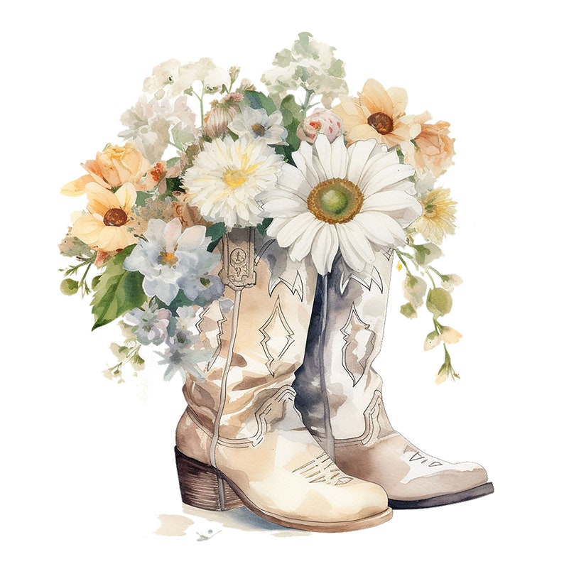 Puede incluir: Un par de botas vaqueras blancas con un ramo de flores blancas, amarillas y azules en la parte superior de las botas.
