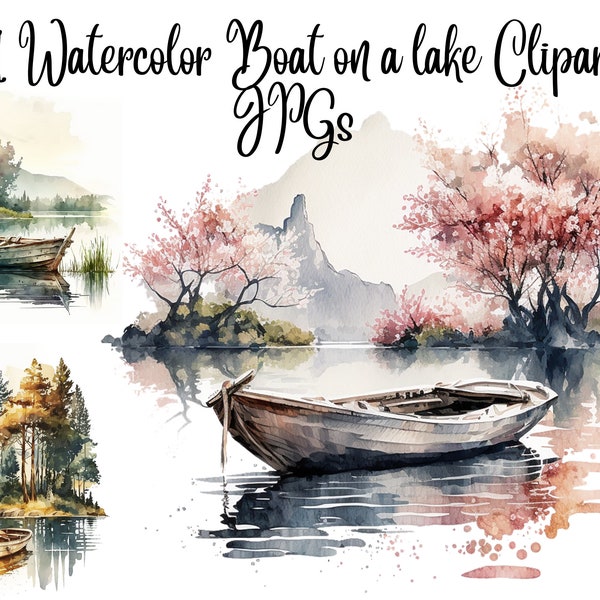 11 Boat on a lake Clipart, Landscape clipart, JPGs, Commercial use, Digital Download,Watercolor Clipart,Card Making,Clip Art,Digital Craft