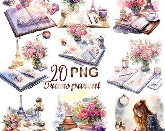 20 PNG Romantic Planner clipart Watercolor, Romantic Journaling Clipart Bundle, Planner Scenes,Neutral Journal Clipart Set,Digital Craft