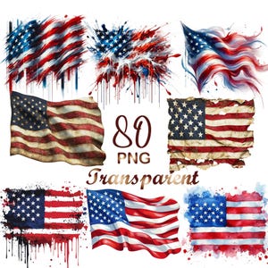 May include: A set of 80 digital images of American flags in various styles, including watercolor, distressed, and abstract. The images are perfect for digital scrapbooking, crafting, and other creative projects.