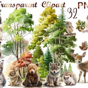 32 Watercolor Baby Animals PNG, Watercolor Spring Baby Animals Clipart, Baby Animals png,wild animals png,animals with floral,commercial use