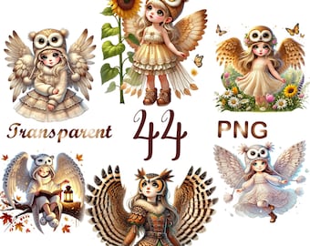 Watercolor Owl Fairy Clipart Bundle, 44 PNG Magical Fairy Tale Illustrations, Enchanted Owl Fairy Art, Digital Download