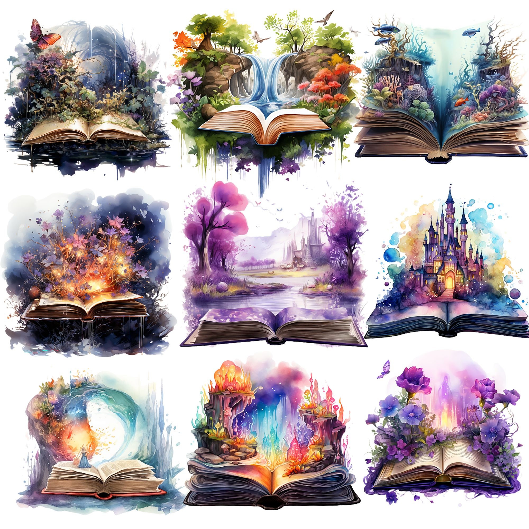 12 Watercolor Fantasy Books Clipart Fantasy Open World Growing From Book  Clip Art 