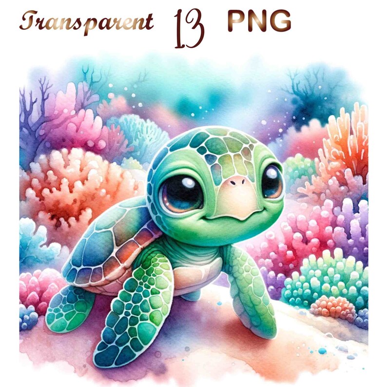 May include: A watercolor painting of a green sea turtle with large eyes, surrounded by colorful coral. The turtle is looking directly at the viewer.