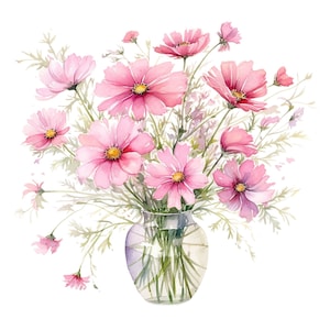 15 PNG, Vaso di fiori Cosmos Clipart bundle, Clipart Cosmos acquerello, Download digitale, Pianificatore digitale, Tecnica mista, Artigianato di carta digitale