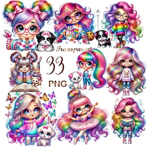 33 PNG Quirky Girl Clipart Bundle – Quirky Rainbow Girls Graphics, Ballet & Pets – High-Res Digital Download – Commercial Use