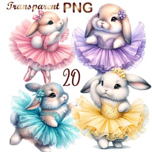 20 PNG、水彩画のバレリーナ バニー クリップアート、チュチュ ドレスを着たバレエ バニー、かわいいイースター バニー、赤ちゃんウサギ PNG、リボンの保育園のデジタル クリップアート