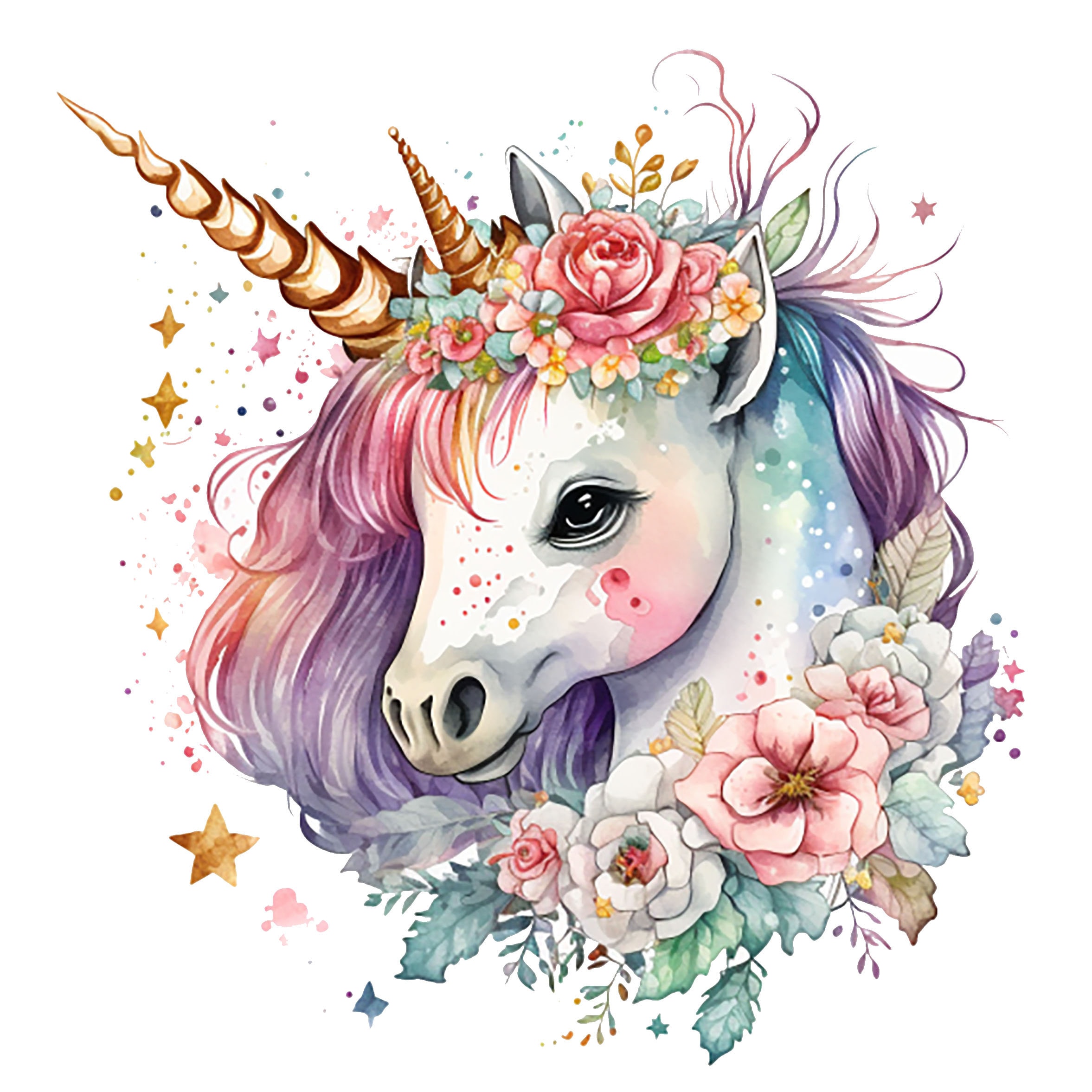Watercolor Unicorn Clipart, Cute Floral Unicorns (PNG Digital Download ...