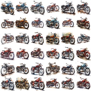 Puede incluir: Una colecci&oacute;n de 36 ilustraciones de acuarela de motocicletas antiguas. Cada motocicleta est&aacute; representada en un color y estilo diferente, con detalles como acentos cromados y asientos de cuero. Las motocicletas est&aacute;n dispuestas en una cuadr&iacute;cula, con cada una mirando hacia adelante.