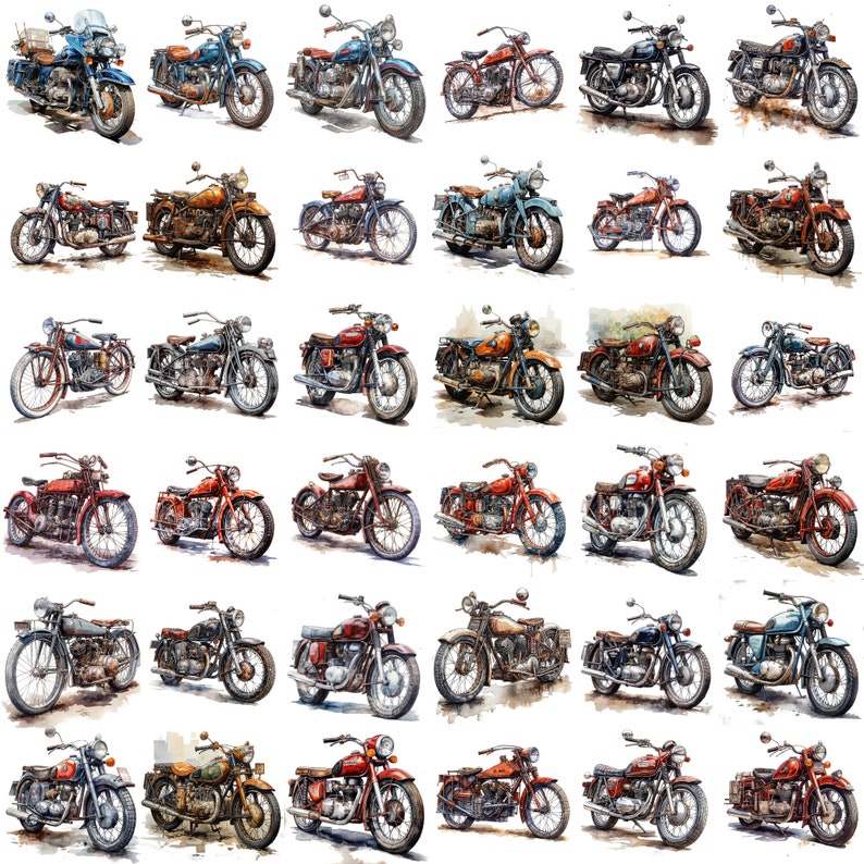 Puede incluir: Una colecci&oacute;n de 36 ilustraciones de acuarela de motocicletas antiguas. Cada motocicleta est&aacute; representada en un color y estilo diferente, con detalles como acentos cromados y asientos de cuero. Las motocicletas est&aacute;n dispuestas en una cuadr&iacute;cula, con cada una mirando hacia adelante.