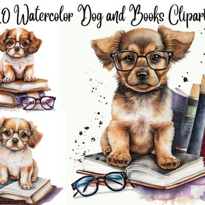 10 Dog and Books, Books Clipart, JPGs, Commercial use,Digital Paper Crafting,Digital Planner,Watercolor, Digital Download, Books clipart