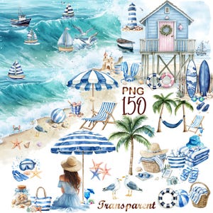 May include: Watercolor illustration of a beach scene with sailboats, waves, and a lifeguard stand. Includes beach umbrellas, chairs, surfboards, and various beach-themed items in blue and white. The text "PNG 150 Transparent" is visible.