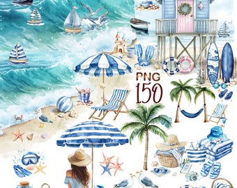 Watercolor Nautical Collection Clipart, 150 PNG Beach Clipart bundle,Travel Clipart,Ocean Clipart,Summer art,Nautical Clipart,Commercial Use