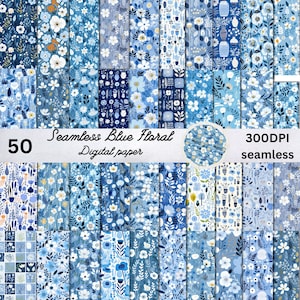 50 texture floreali blu senza soluzione di continuità, carta digitale, motivo senza soluzione di continuità, carta digitale floreale, sfondo di carta per scrapbooking stampabile con fiori di campo blu