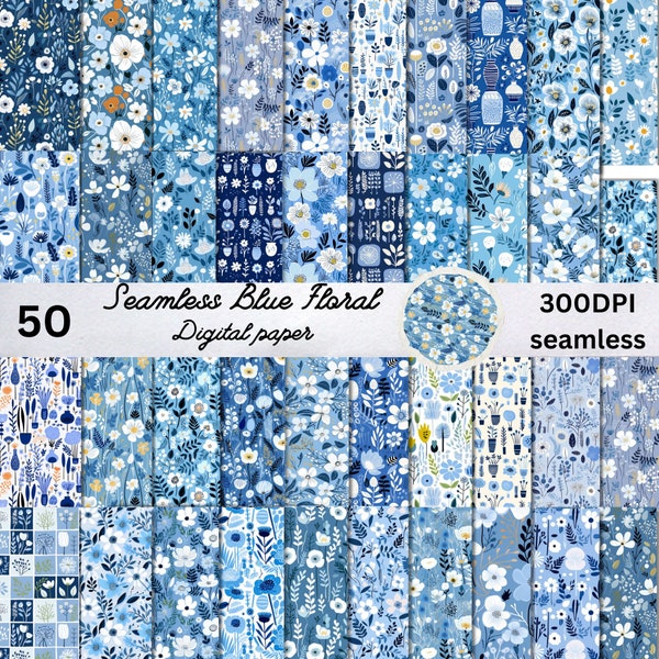 50 Seamless Floral Blue Textures Digital Paper,Seamless Pattern, Floral digital paper, Wildflowers Blue printable scrapbook paper background