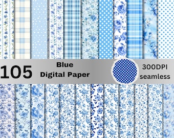 105 Seamless Blue Digital Paper Pack, Blue Pattern Backgrounds, Scrapbooking, Craft Paper, Unlimited Commercial Use